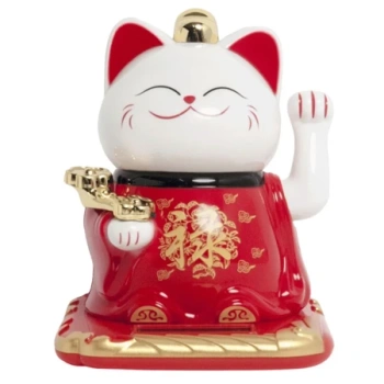 Figurka solarna kot Maneki Neko, biało-czerwona na szczęście 10 cm