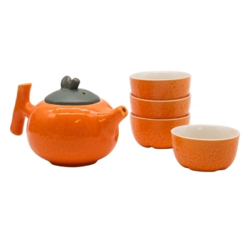 Zestaw do herbaty czajnik i czarki ceramiczny pomarańczowy prezent 5 elem.