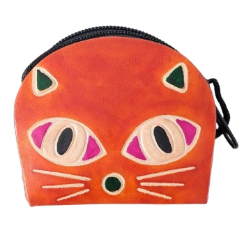 Portmonetka skórzana na sznurku, portfelik pomarańczowy kot