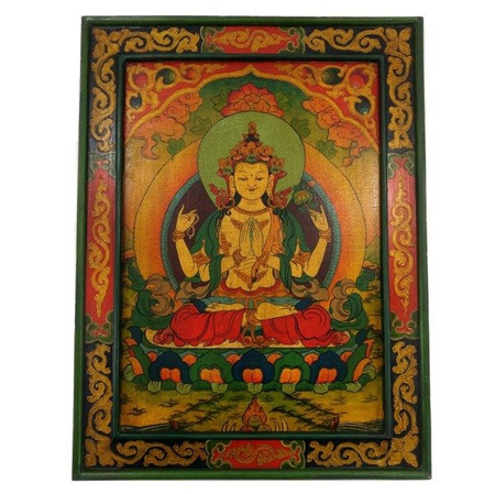 OBRAZ CHENREZIG AWALOKITEŚWARA (NA DREWNIE, NEPAL, BUDDA 50x66CM)