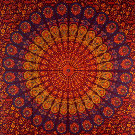 Narzuta na łóżko orientalna mandala bordowo-pomarańczowa (kapa, obrus, zasłona, tkanina, Indie, 140x210)