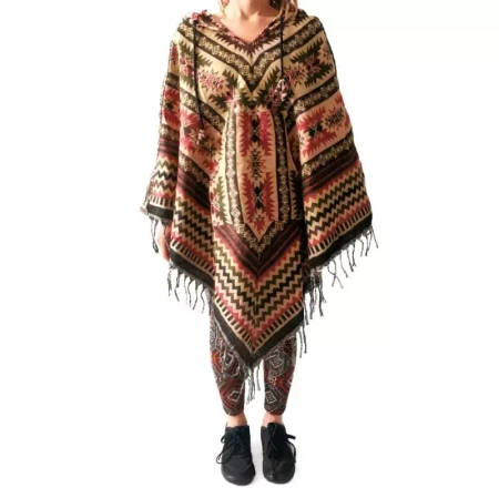 Ponczo z frędzlami azteckie wzory narzutka boho Indie