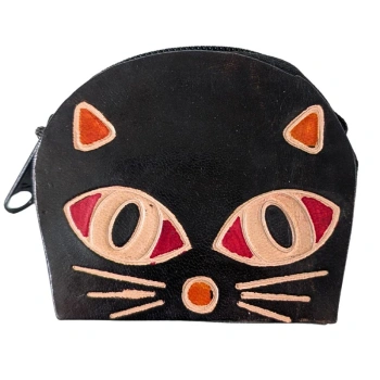 Portmonetka skórzana na sznurku, portfelik czarny kot