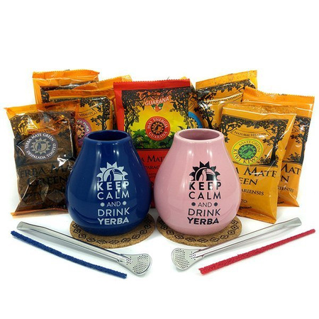 Zestaw startowy dla dwojga Yerba Mate Green herbata różowe niebieskie matero bombille 10x50g różne smaki