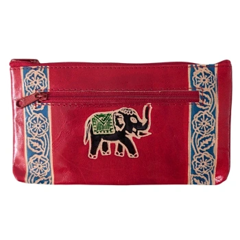 Skórzana saszetka ze słoniem, czerwona kosmetyczka, portfel