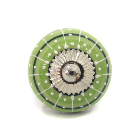 Gałka ceramiczna zielona, paski, uchwyt meblowy (Indie, rękodzieło)
