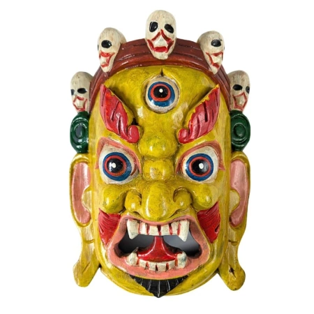 Drewniana maska Mahakala w kolorze żółtym, rękodzieło 25 cm