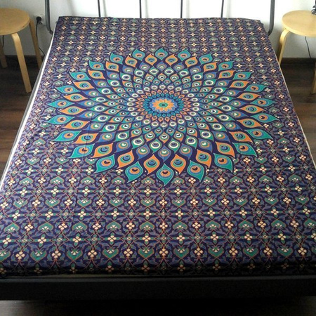 Orientalna narzuta z Indii, granatowo - morska (mandala, pawie oczka) 140x210