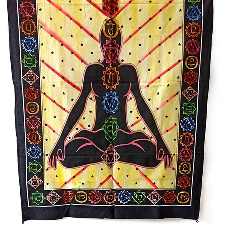 Tkanina ścienna, makatka, Budda, czakry (batik, handmade, Indie) 115x75 cm