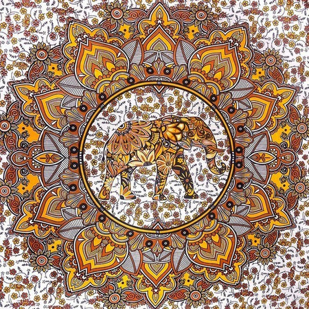Narzuta na łóżko orientalna słoń biało żółto brązowa (kapa, zasłona, batik, Indie 240x210cm)