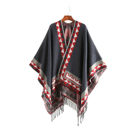 Ponczo orientalne z frędzlami szaro-czerwone (narzutka 140 cm)