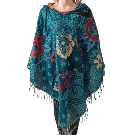 Ponczo damskie z kapturem, morskie w kwiaty narzutka boho Indie