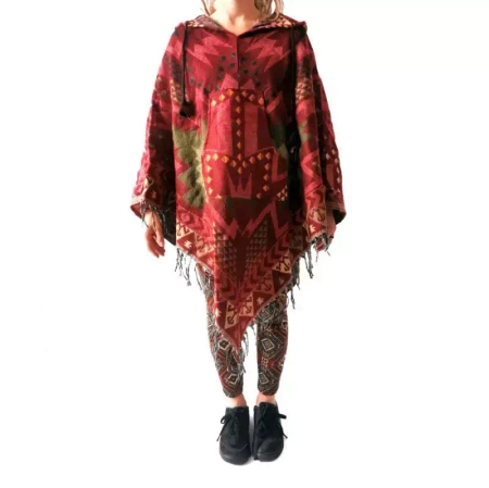 Ponczo z frędzlami bordowe aztek narzutka boho Indie