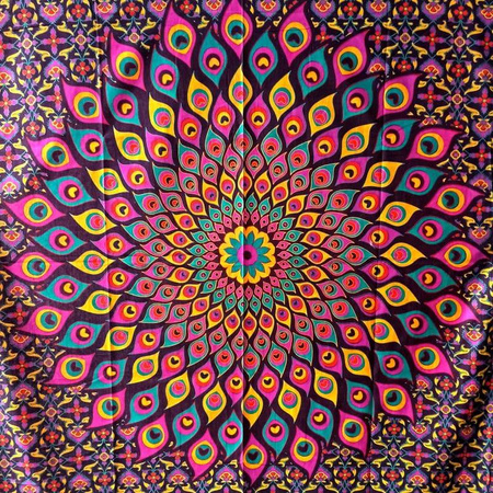 Narzuta orientalna z Indii, fiolet zółty (mandala, pawie oczka, kapa 140 x 210)