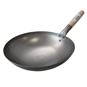 Wok ze stali węglowej stalowy patelnia z drewnianym uchwytem 38 cm