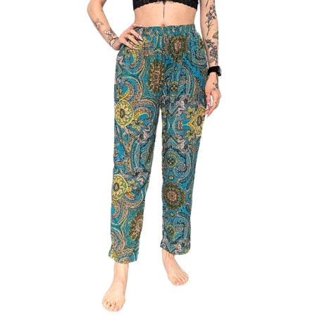 Letnie spodnie damskie, turkusowe w orientalne wzory M/L
