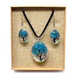 Biżuteria z kwiatami turkusowa, komplet (kolczyki + naszyjnik) 