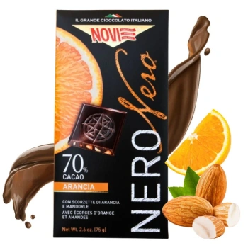 Gorzka czekolada 70% kakao z migdałami i pomarańczą Novi 75g