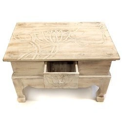 Drewniany stolik szafka nocna brązowa (szuflada, Indonezja, rzeźbiona, lotos)