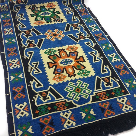 Kilim anatolijski dywan chodnik turecki jednostronny niebiesko zielono beżowy geometryczne wzory 190x70