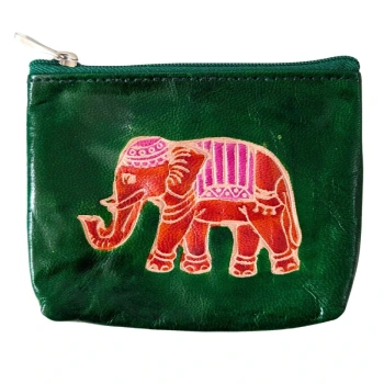 Portmonetka skórzana ze słoniem, zielona saszetka, Indie