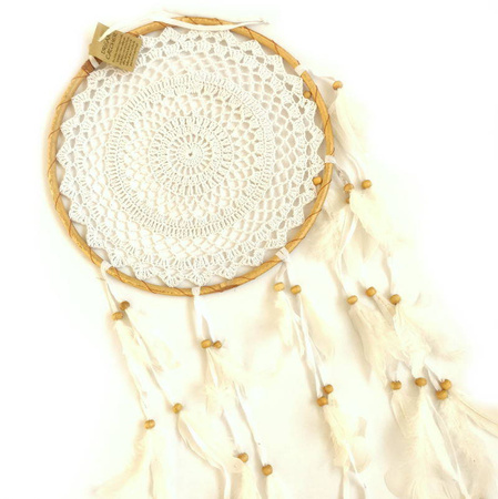 Łapacz snów biały (śr. 32 cm, pióra, rękodzieło, koraliki)
