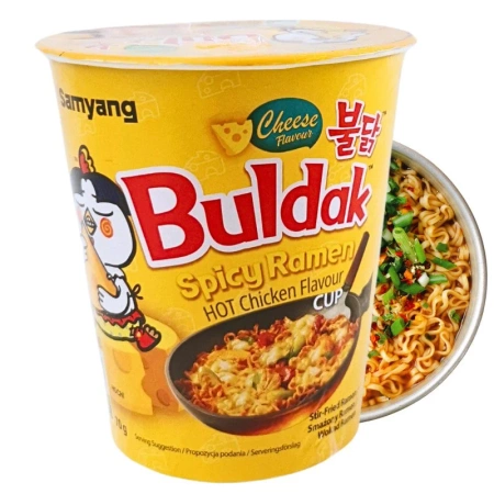 Makaron Buldak Ramen, o smaku ostrego kurczaka z serem, w kubku, Samyang 70g
