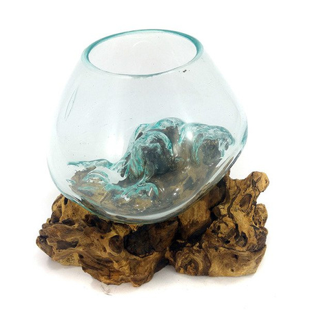 Kompozycja szklana, misa na korzeniu ze szkła  z Indonezji, dekoracja, korzeń teak, las w słoiku 