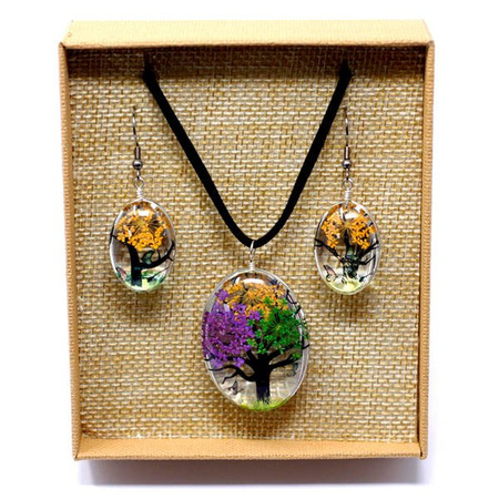 Biżuteria z kwiatami wielokolorowa, komplet (kolczyki + naszyjnik) 