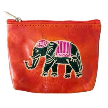 Portmonetka skórzana ze słoniem, pomarańczowa saszetka, Indie