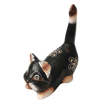 Drewniana figurka kota w kolorze brązowym, rękodzieło 15 cm
