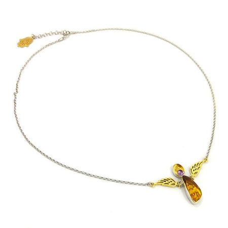Wisior - Amulet Anioł (ametyst, bursztyn, złocone i rodowane srebro 925)