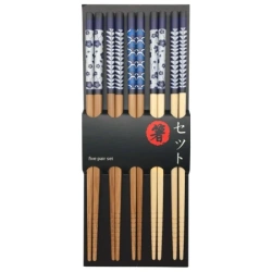 Zestaw 5 par pałeczek bambusowych do sushi, niebieskie wzory