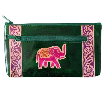 Skórzana saszetka ze słoniem, zielona kosmetyczka, portfel