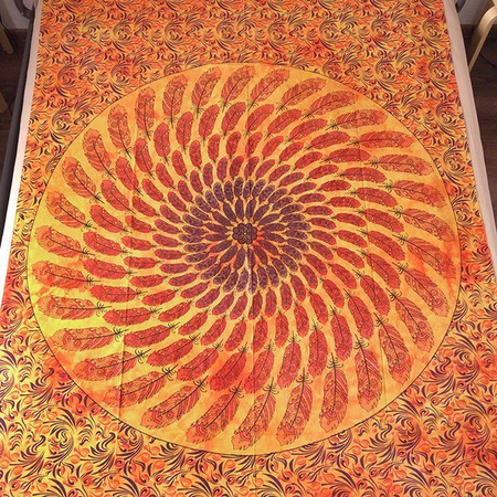 Narzuta orientalna, mandala z piór,pomarańczowa, Indie (kapa, zasłona) 140 x 210