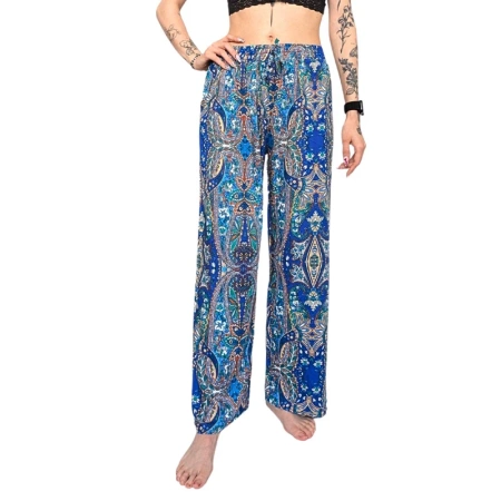 Letnie spodnie damskie, szafirowe w orientalne wzory L/XL