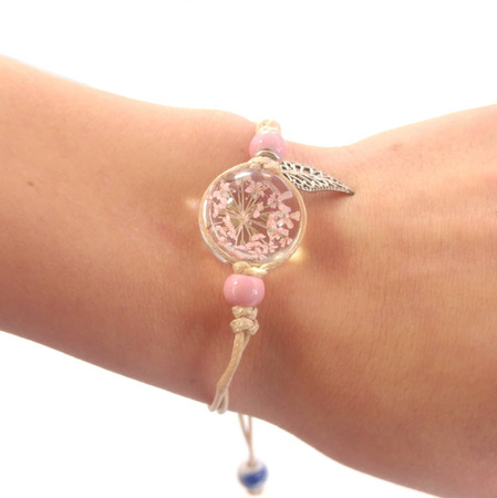 Bransoletka z kwiatami i listkiem różowa (na sznurku, regulowana)