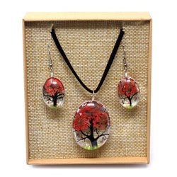 Biżuteria z kwiatami koralowa, komplet (kolczyki + naszyjnik) 