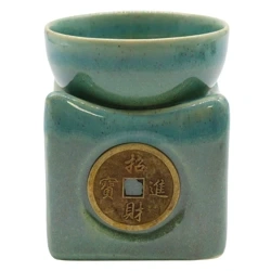 Kominek zapachowy ceramiczny zielony, moneta na szczęście