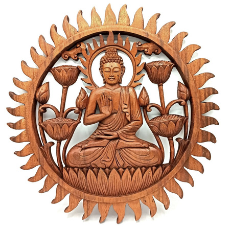 Panel, dekor na ścianę Budda i lotos ( drewno brąz, rzeźbiony 40cm) 