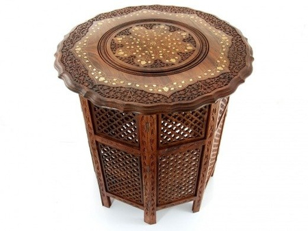 STÓŁ ORIENTALNY DREWNIANY (STOLIK RZEŹBIONY INDIE, ŚR. 60,5 CM)