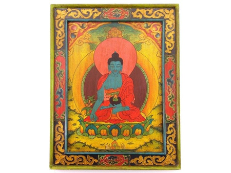 DUŻY DREWNIANY OBRAZ BUDDA (RĘKODZIEŁO, W RAMIE, WYS. 65 CM)