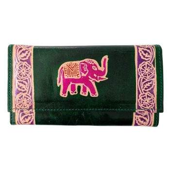 Duży portfel skórzany, zielony słoń,  Indie