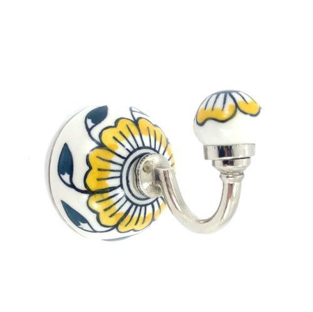 Wieszak ścienny, haczyk ceramiczny żółty kwiat ( z gałką, na ubrania, handmade, Indie)