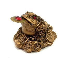 Figurka żaby z monetą w ustach, feng shui złota żabka bogactwo