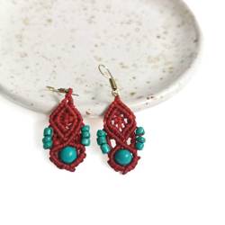 Kolczyki wiszące plecione czerwone z turkusem, biżuteria orientalna
