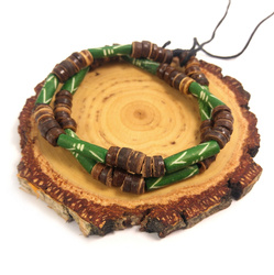 Naszyjnik, bransoletka zielono - brązowa (regulowana, kość, drewno)