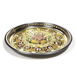Okrągła taca recznie zdobiona ozdobna elegancka 300g ze wzorem Ganeshy Indie 28x2,5 cm