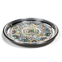 Okrągła taca recznie zdobiona ozdobna elegancka 300g ze wzorem Mandali Indie 28x2,5 cm