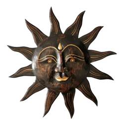 Ozdoba ścienna słońce, drewniana brązowo-złota 50 cm Indie
